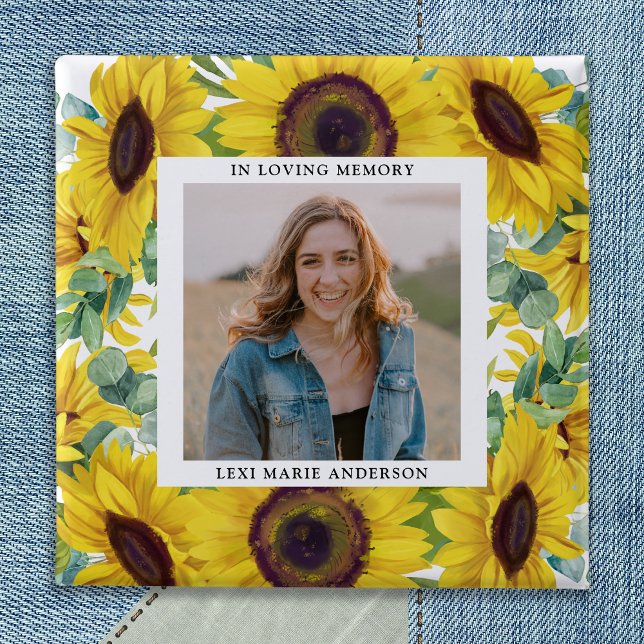 Funeral Sunflower Floral Photo Memorial Square Button (Creator Uploaded)