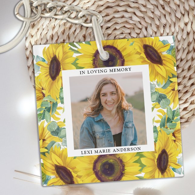 Funeral Sunflower Floral Photo Memorial Square Keychain (Creator Uploaded)