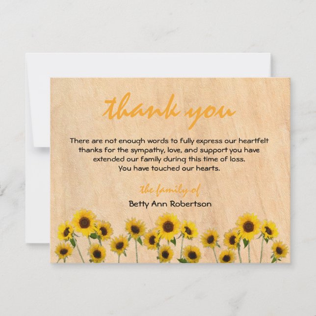 Funeral Sympathy Thank You Simple Sunflowers  Note Card (Front)
