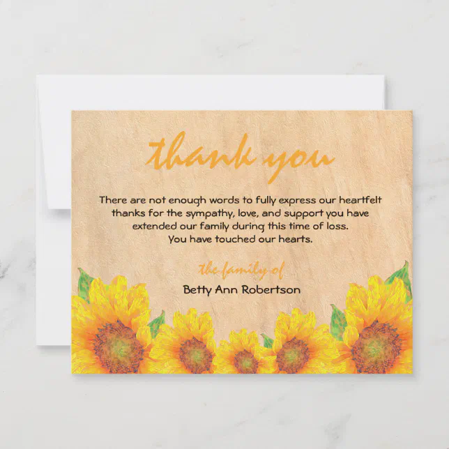 Funeral Sympathy Thank You Sunflower Rustic Themed Note Card | Zazzle