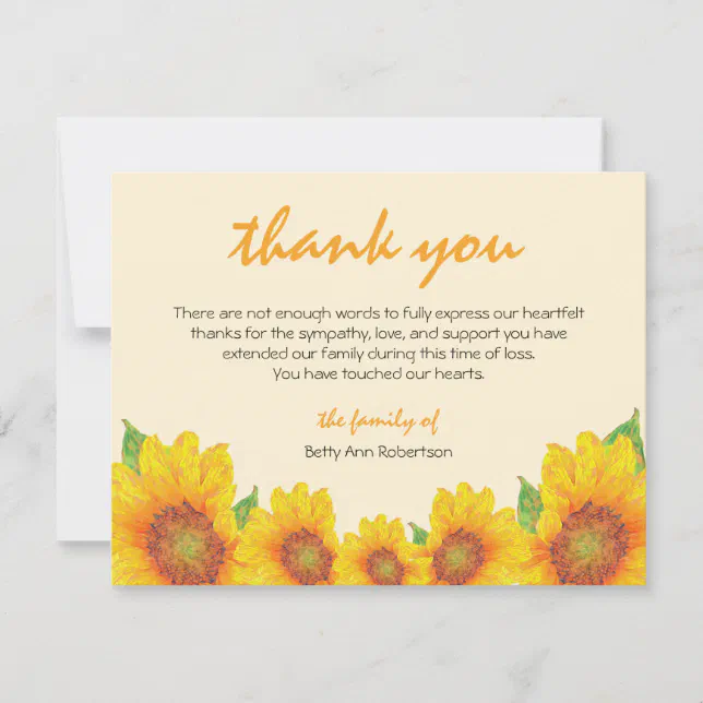 Funeral Sympathy Thank You Sunflower Theme Card | Zazzle