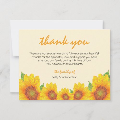 Funeral Sympathy Thank You Sunflower Theme Card