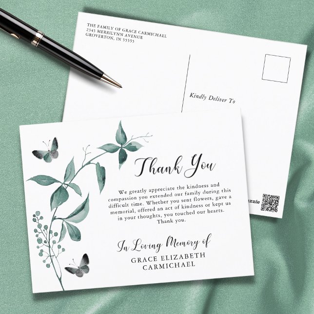 Funeral Thank You Butterfly Botanical Greenery Postcard (Creator Uploaded)