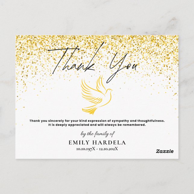 Funeral Thank You Card - Gold Dove & Faux Glitter (Back)