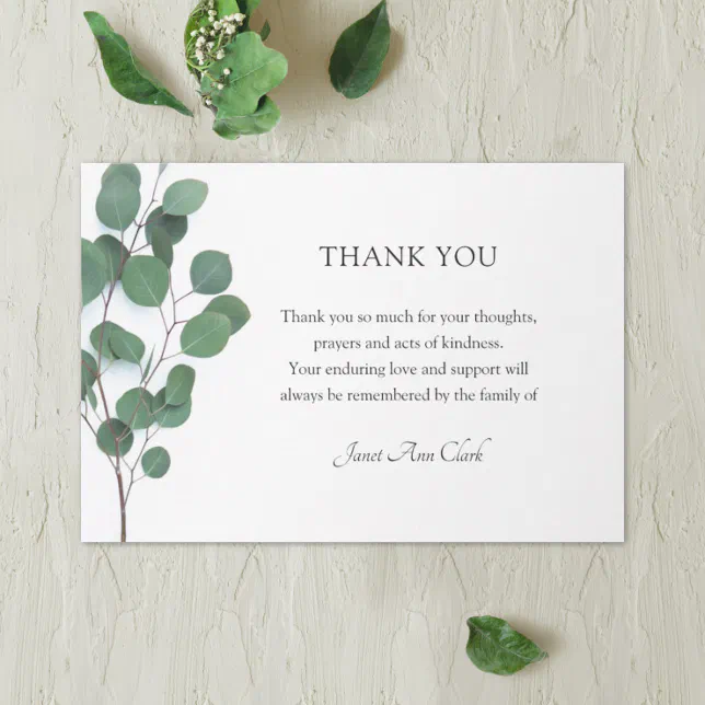 Funeral Thank You Eucalyptus Leaves Note Card | Zazzle