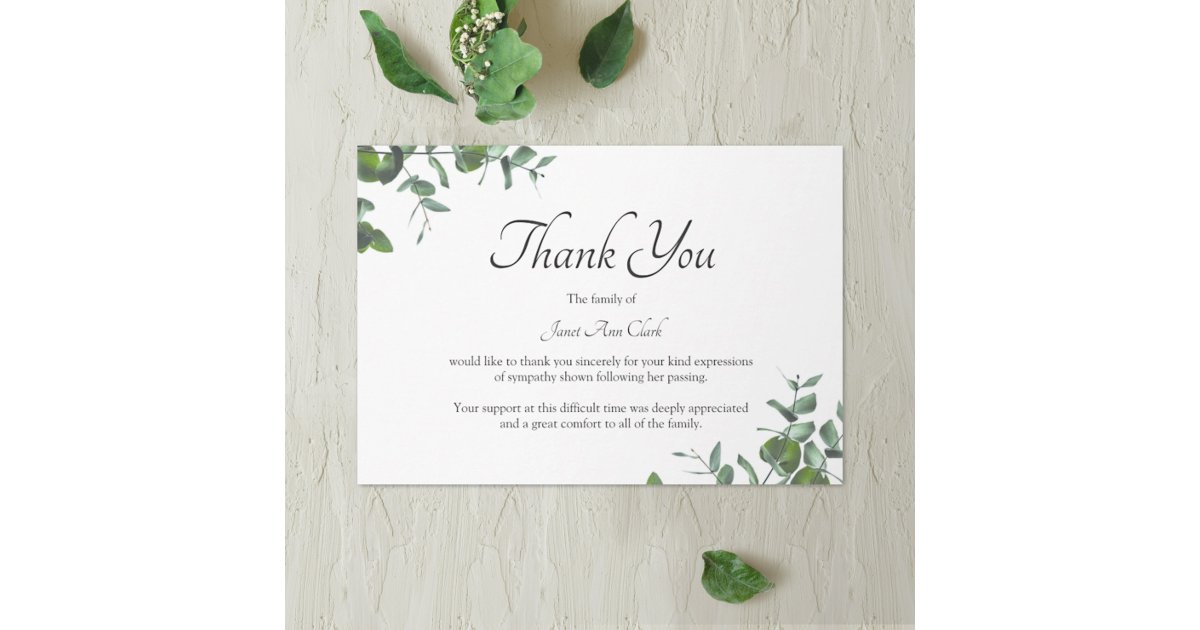 Funeral Thank You Green Leaves Note Card | Zazzle