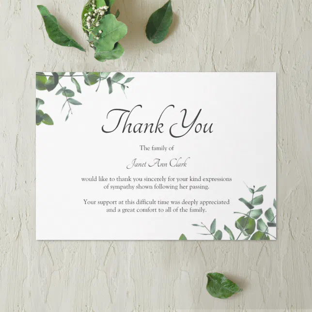 Funeral Thank You Green Leaves Note Card | Zazzle