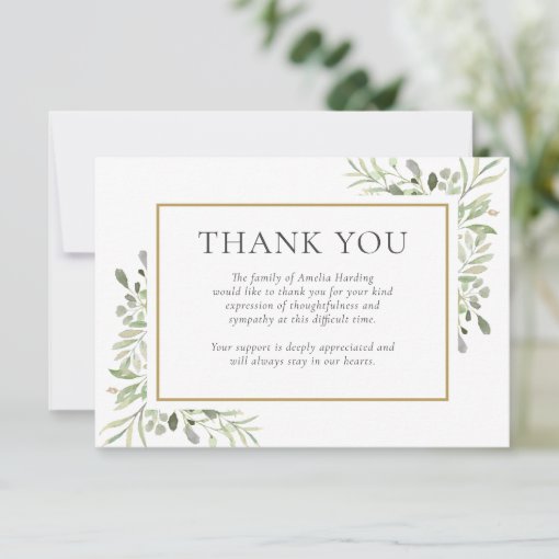 Funeral Thank You Greenery Watercolor Leaves Card | Zazzle