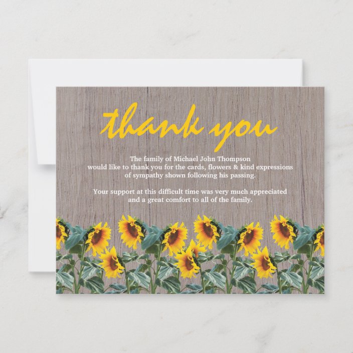 Funeral Thank You | Memorial Rustic Sunflower | Zazzle.com