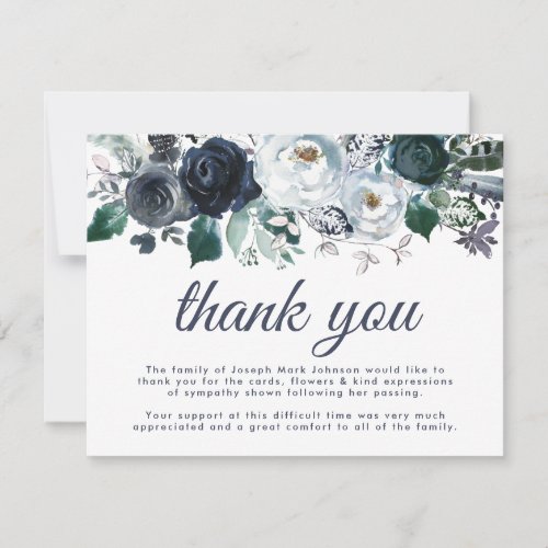 Funeral Thank You Note | Bereavement Blue Floral - Funeral thank you note on a flat invitation card is a simple way to thank those that showed you comfort during your time of bereavement.