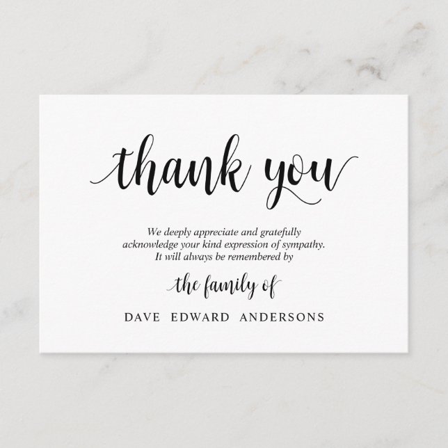 Funeral Thank You Note Card Bereavement, Black (Front)