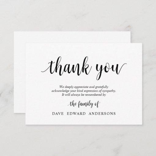 Funeral Thank You Note Card Bereavement, Black | Zazzle