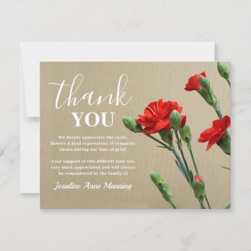 Funeral Thank You Note  Red Carnations