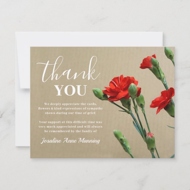 Funeral Thank You Note | Red Carnations Card (Front)