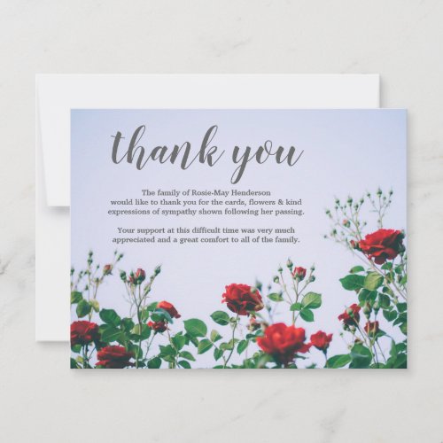 Funeral Thank You Note  Sympathy Red Roses