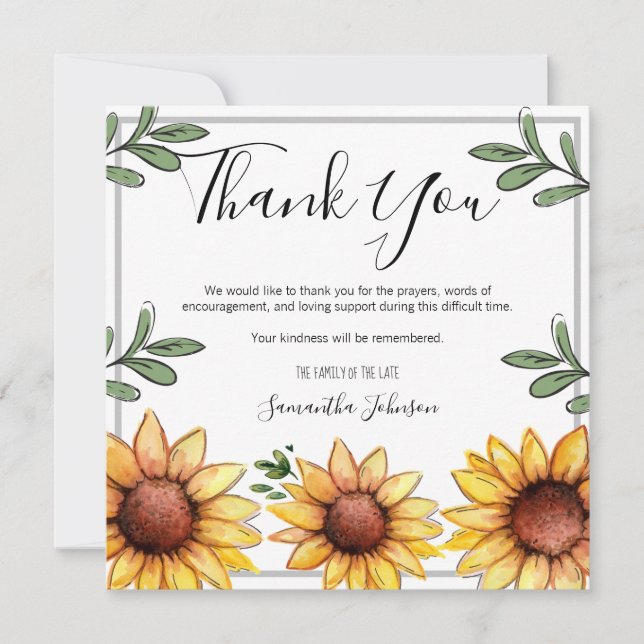 Funeral Thank You Rustic Sunflowers One Photo (Front)