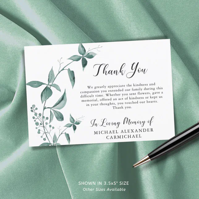 Funeral Thank You Watercolor Botanical Green Zazzle