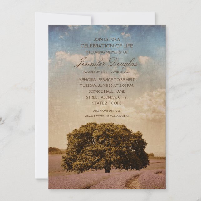 Funeral Tree Lavender Memorial Announcement Cards (Front)