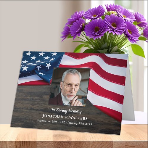 Funeral USA Flag Veteran Photo Memorial Sympathy Thank You Card
