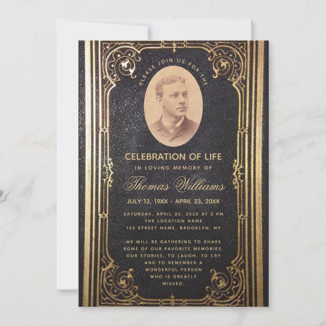 Funeral Vintage Elegant Black Gold Photo  Invitation (Front)