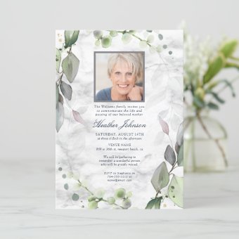Funeral Watercolor Botanical Greenery Marble Photo Invitation | Zazzle