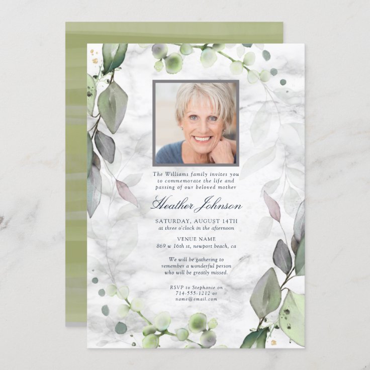 Funeral Watercolor Botanical Greenery Marble Photo Invitation 