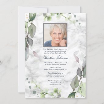 Funeral Watercolor Botanical Greenery Marble Photo Invitation | Zazzle