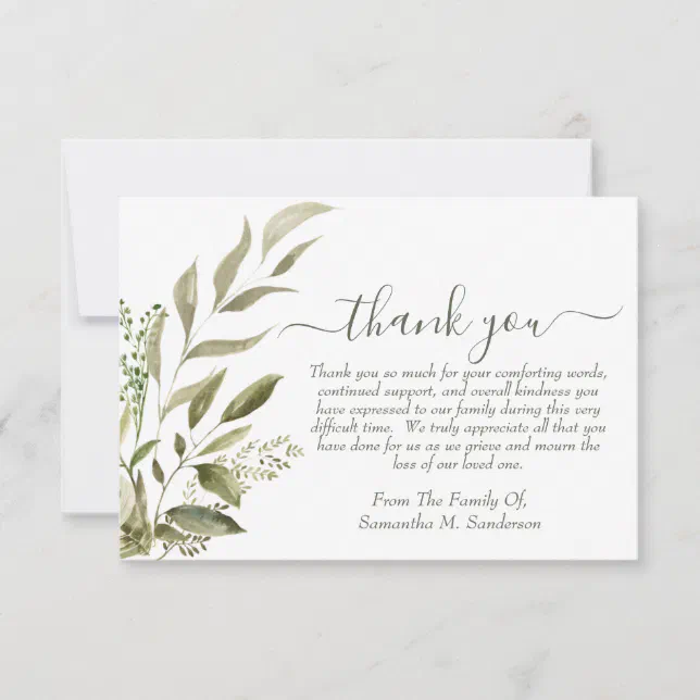 Funeral Watercolor Eucalyptus In Loving Memory Thank You Card | Zazzle