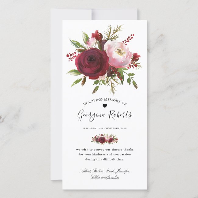 Funeral Watercolor Floral Memorial Thank You Note Card