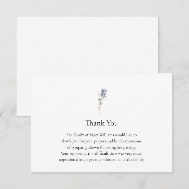 Funeral Watercolor Floral Thank You Note Card (Front/Back)
