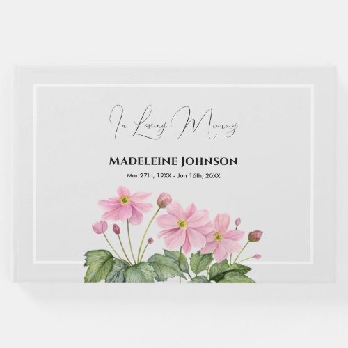 Funeral Watercolor Gentle Pink Japanese Anemone Guest Book