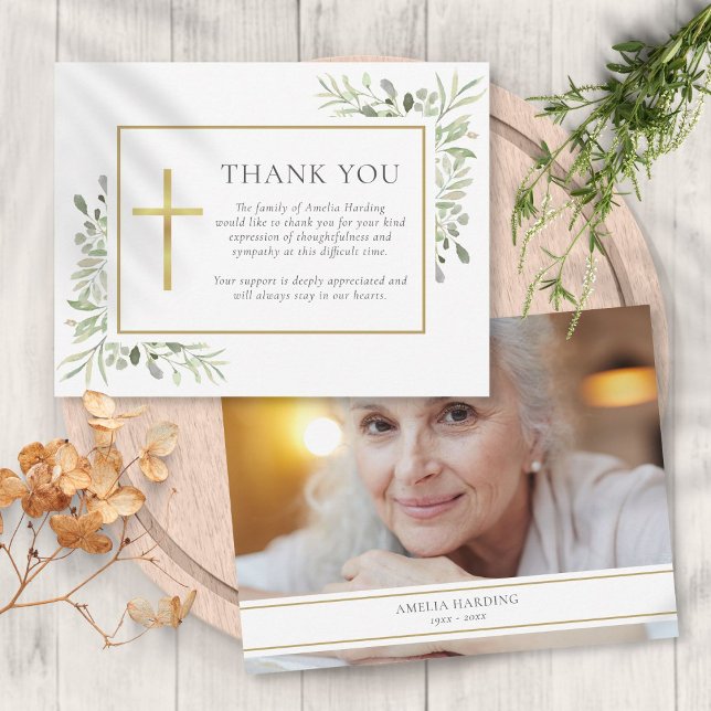 Funeral Watercolor Greenery Christian Photo Thank You Card (Funeral Watercolor Greenery Christian Photo Thank You Card)