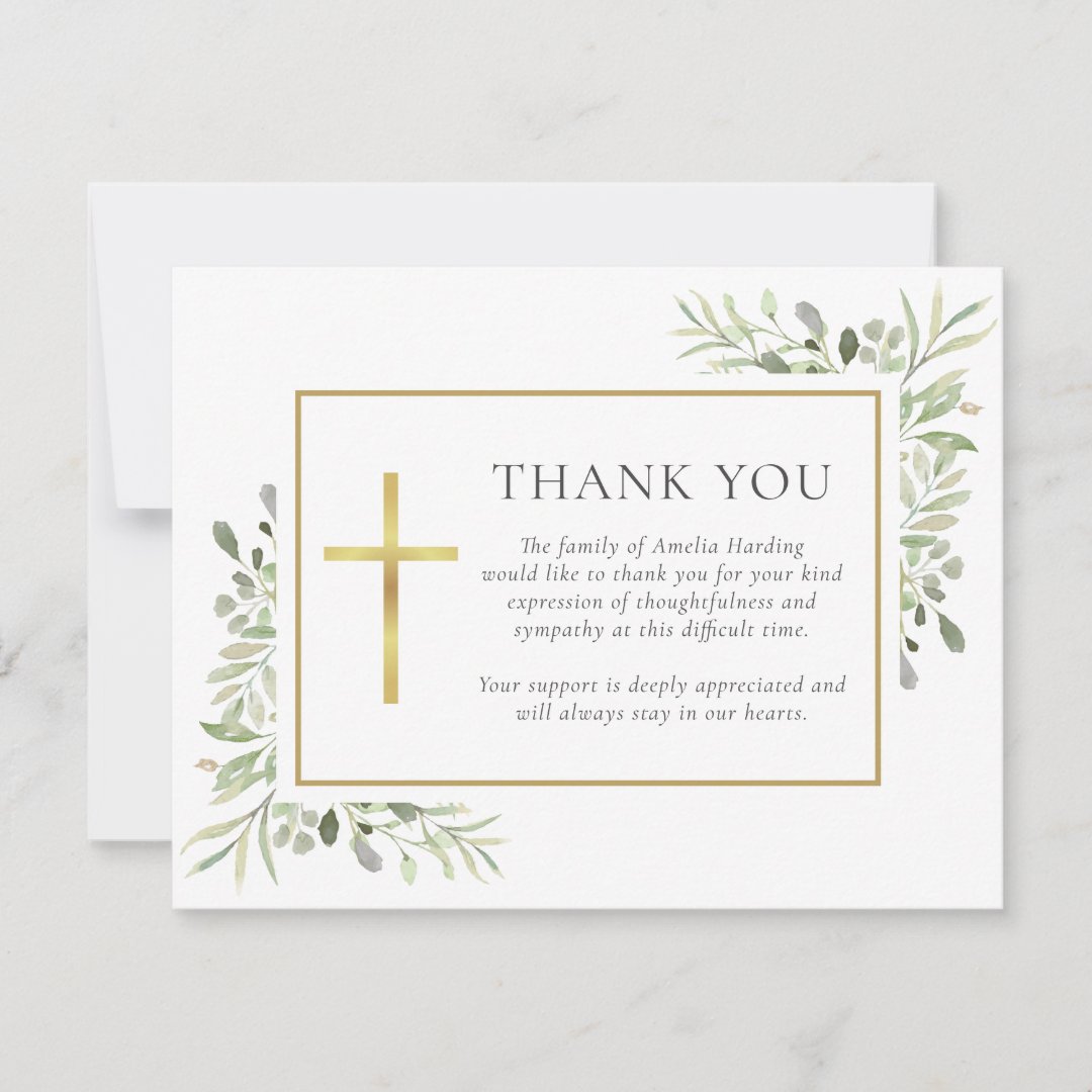 Funeral Watercolor Greenery Christian Thank You Card | Zazzle