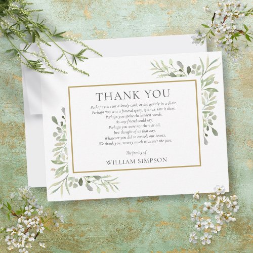 Funeral Watercolor Greenery Floral Poem Thank You Card
