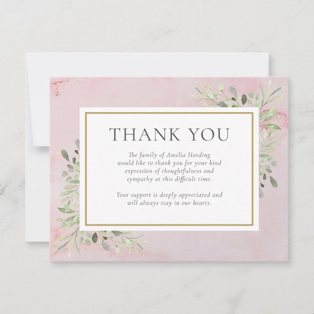 Funeral Watercolor Greenery Marble Thank You Card (Front)