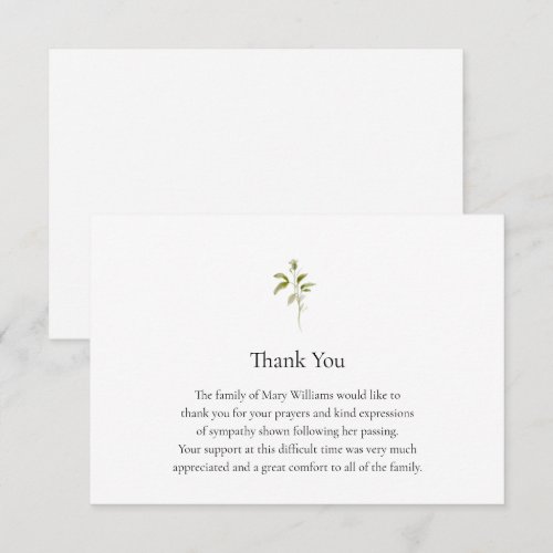 Funeral Watercolor Greenery Thank You Note Card