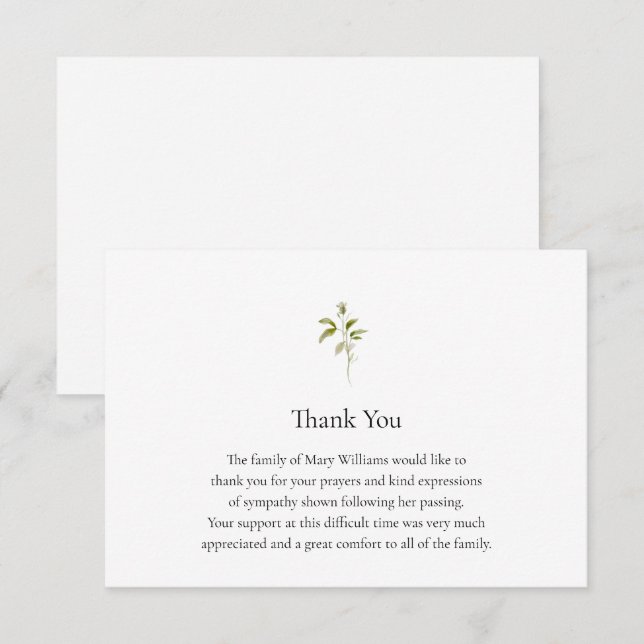 Funeral Watercolor Greenery Thank You Note Card (Front/Back)