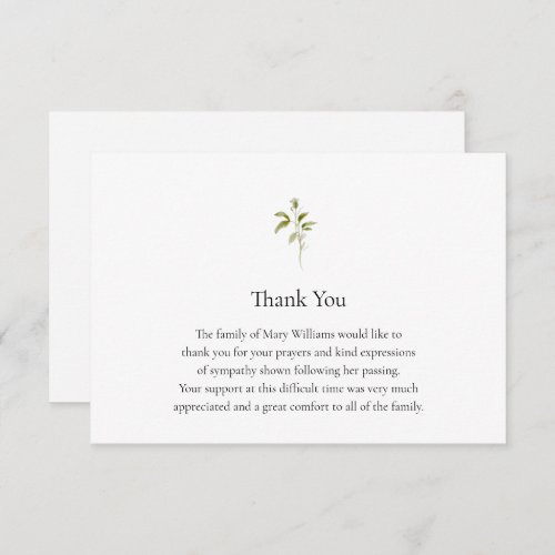 Funeral Watercolor Greenery Thank You Note Card