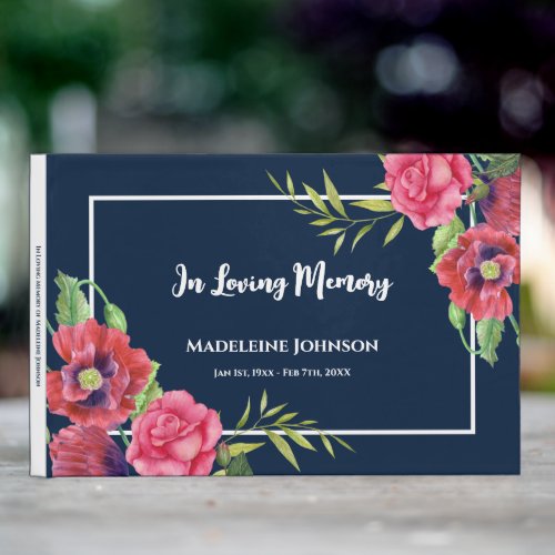 Funeral Watercolor Red and Pink Flowers Navy Blue Guest Book