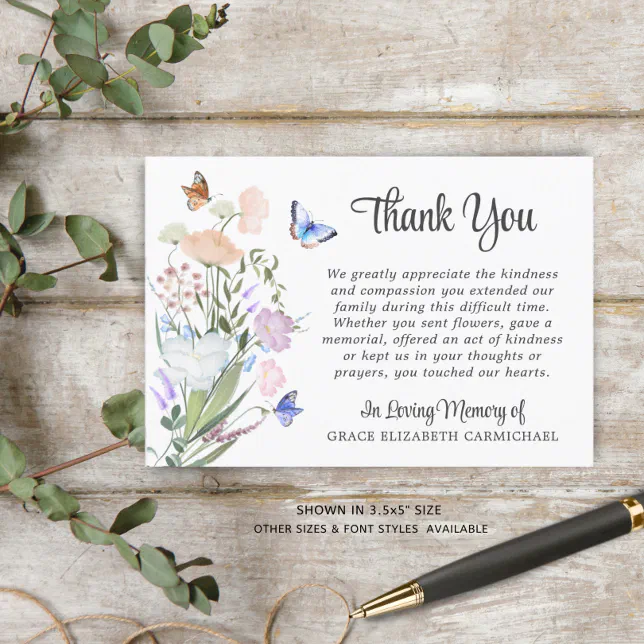 Funeral Watercolor Wildflowers Butterfly Thank You | Zazzle