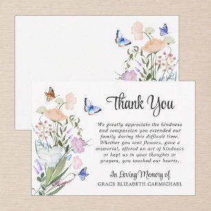 Funeral Watercolor Wildflowers Butterfly Thank You Card