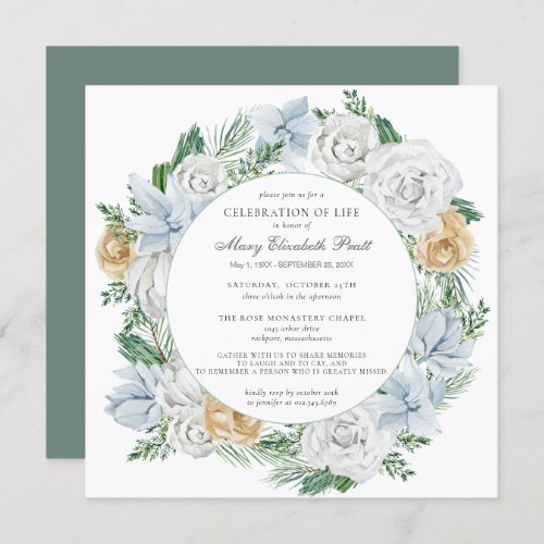 Funeral White Rose Floral Winter Greenery Rustic I Invitation