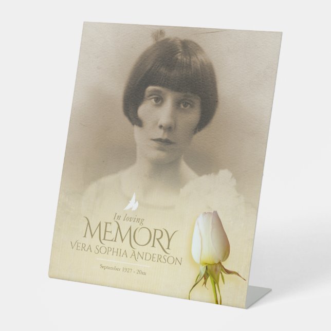 Funeral white rose photo remembrance photo pedestal sign (Front)