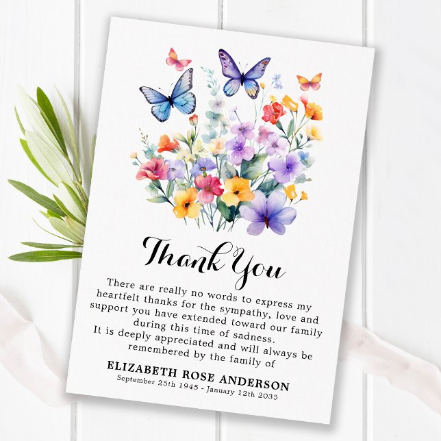 Funeral Wildflowers Butterflies Memorial Sympathy Thank You Card (Creator Uploaded)