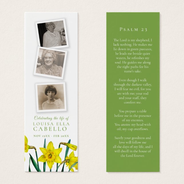 Funeral yellow spring daffodil poem photo bookmark (Front & Back)