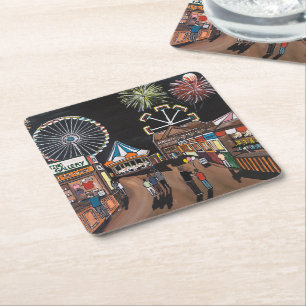 Funfair at Night Painting by Alfred Fox Square Paper Coaster
