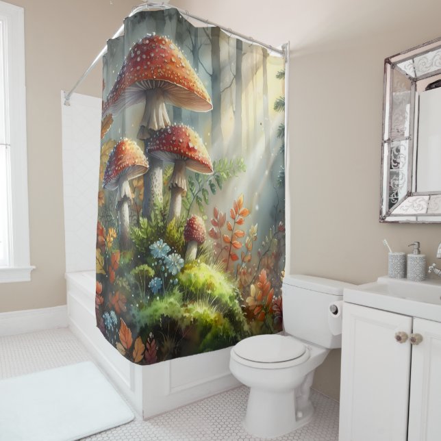 Fungi Amanita Mushroom Morning Forest Foliage Shower Curtain (In Situ)