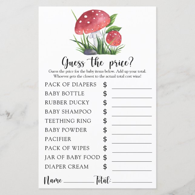 Fungi baby shower - Guess the price! Game (Front)