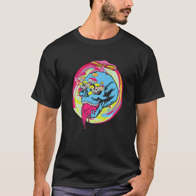 Fungus Magic Psilocybin Mushrooms Tie Dye Skull T-Shirt (Front)