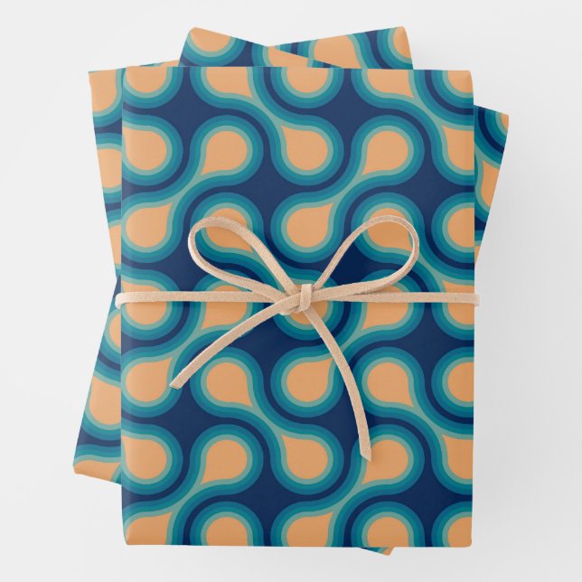 Funky 1970s Metaball Graphic Circle Barbell Blue Wrapping Paper Sheets (In situ)